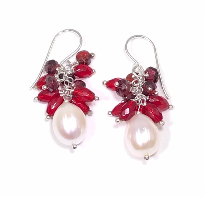 Red Cluster Pearl Earrings Sterling Silver Ivory Pearl Red Garnet Cluster Mothers Day Gift