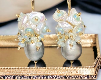 Gray Pearl Earrings, Keishi Pearl Cluster Earrings, Aquamarine Peacock Pearl Earrings, Wedding Jewelry, Mother of Bride Earrings