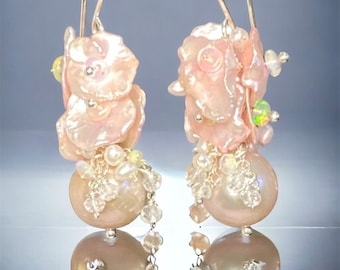 Baroque Pearl Cluster Earrings, Blush Pink Edison Pearls with Pink Keishi Pearls, AAA Opals and Sapphires, Wedding Earrings