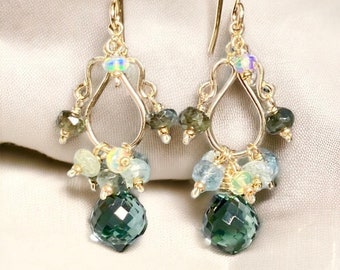 Moss Aquamarine Earrings, Gemstone Chandelier Earrings, Opal and Gem Stone Earrings, Gold Fill