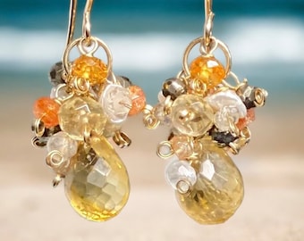 Gemstone Cluster Earrings, Citrine Dangle Earrings, Multi Gem Stone Earrings, Sunstone, Gift for Mom, Gold Fill Earrings