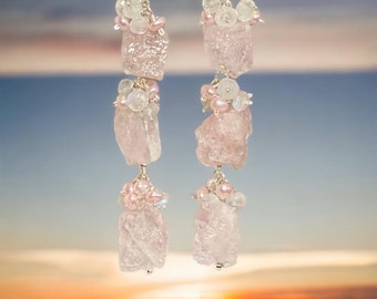 Pink Aquamarine Dangle Earrings, Long Beaded Earring, Raw Gem Earring, Moonstone Pearl Cluster Earring, Morganite Jewelry