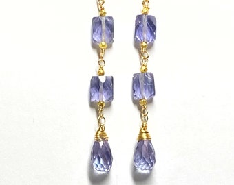 Blue Purple Gem Earrings, Iolite Dangle Drop Earrings, Long Blue Earrings, Gold Fill or Rose Gold Fill Jewelry, Mothers Day Gift for Her