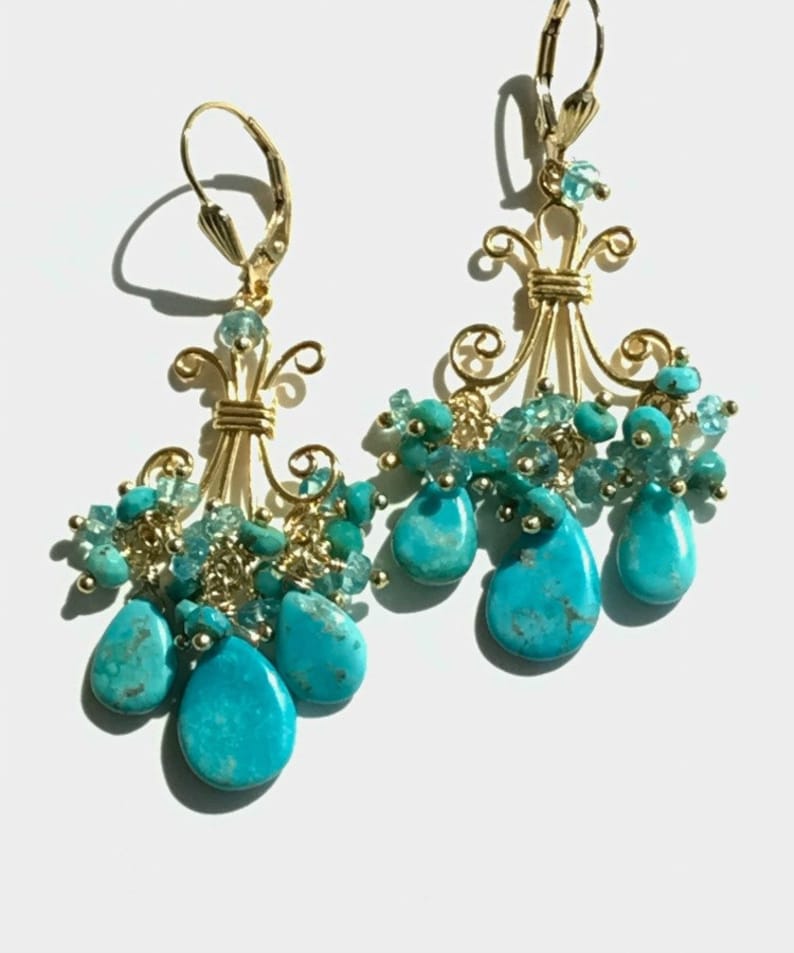 Turquoise Chandelier Earrings Gold Gemstone Chandelier Turquoise Jewelry Statement Earrings Gift for Her December Birthstone Gift for Wife