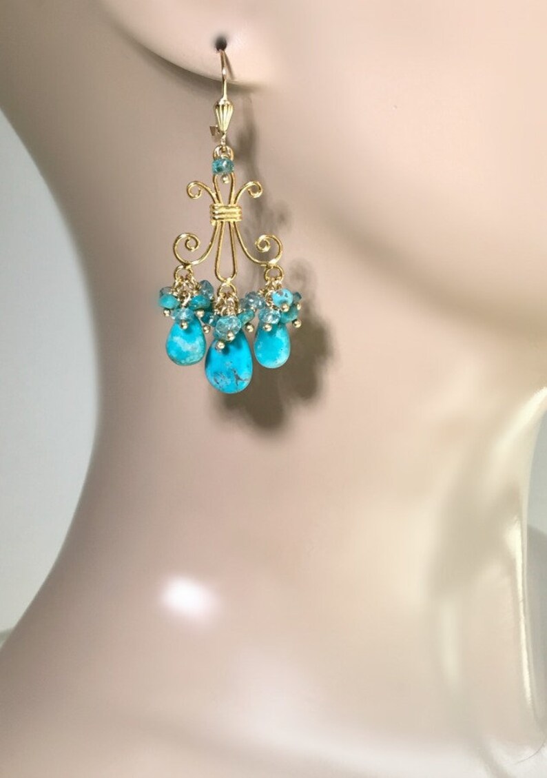 Turquoise Chandelier Earrings Gold Gemstone Chandelier Turquoise Jewelry Statement Earrings Gift for Her December Birthstone Gift for Wife