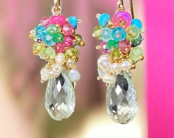 Multi Gemstone Cluster Earring, Green Amethyst Dangle Drop Earring, Summer Wedding Guest Jewelry, Mothers Day Gift for Mom