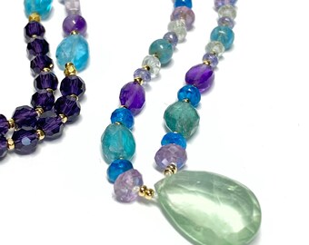 Fluorite Pendant Knotted Necklace, Green Purple Blue Lavender Necklace, Unique Beaded Necklace, Handmade Jewelry Gift