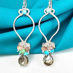 Smoky Quartz Turquoise Chandelier Earrings: Sterling Silver Gem Drops