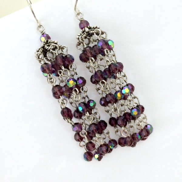Purple Crystal Tassel Earrings Wire Wrap Sterling Silver Sparkly Tassel Earrings Plum Earrings Aubergine Earrings