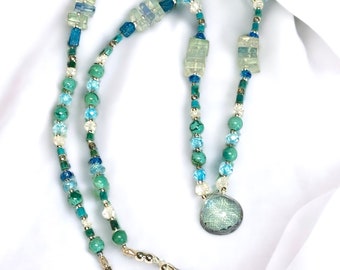 Aqua Quartz Pendant, Gemstone Knotted Necklace, Green Blue Aqua Necklace, Turquoise Fluorite Beaded Necklace, Handmade Jewelry Gift