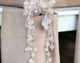 Crystal Quartz Dangle Earrings, Boho Bridal Long Earrings, Rainbow Moonstone and Pearl, Long Sparkly Crystal Earrings, Linear Earrings