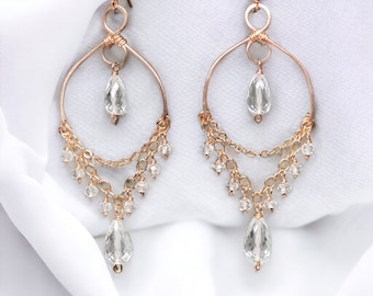 Gemstone Chandelier Earring, Crystal Quartz Dangle Earring, Rose Gold Fill Earrings, Handmade Bohemian Boho Jewelry, Statement Earring