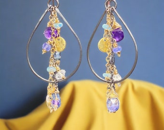 Amethyst Chandelier Earrings, Blue Purple Gem Dangle Earring, Multi Gemstone Earring, Mixed Metal Jewelry, Gift for Girlfriend