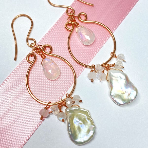 Rose Gold Hoop Earrings, Keishi Pearl Moonstone Earrings,  Boho Resort Jewelry, Beach Wedding Earrings