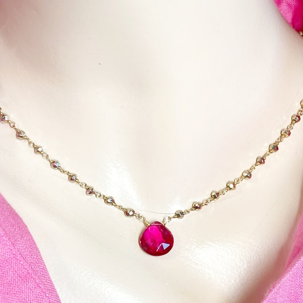 Rubellite Pink Topaz Pendant, Gemstone Wire Wrapped Necklace, Gold Pyrite Rosary Style Necklace, Gold Fill Necklace, Handmade Jewelry Gift