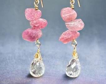 Pink Tourmaline Earrings, Raw Crystal Dangle Earrings, Crystal Quartz and Gemstone Earring, Bohemian Beaded Jewelry, Gift for Her