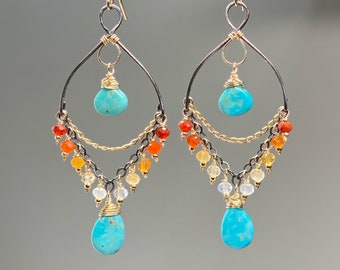 Turquoise Chandelier Earring, Gemstone Mexican Fire Opal Dangle Earring, Mixed Metal Earring, Handmade Bohemian Boho Jewelry