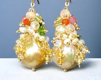 Baroque Pearl Cluster Earring, Gold Pond Slime Pearls with Multicolor Gemstones, AAA Opals and Sapphires, Statement Wedding Earrings