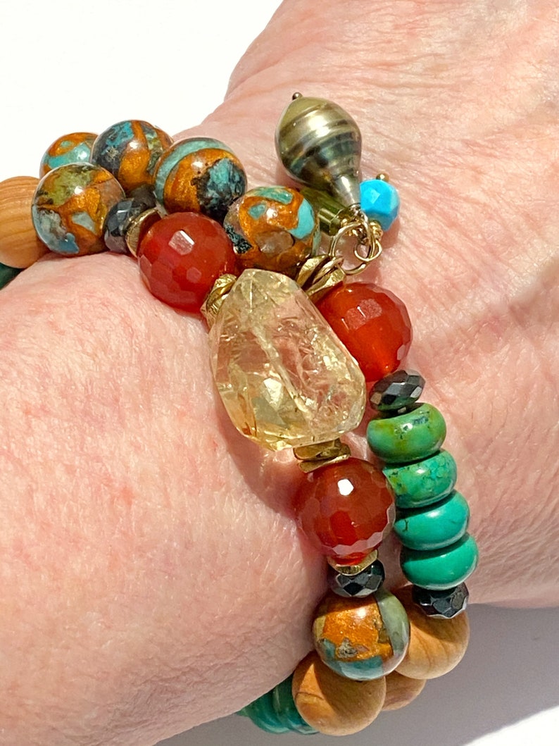 Stretchy Beaded Bracelet Set 2 Boho Jewelry Multicolor Gemstone Bracelets Tahitian Pearl Sandalwood Carnelian Turquoise Wife Gift for Mom