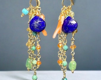 Multicolor Gemstone Earrings, Blue Lapis Dangle Earrings,  Long Beaded Boho Earrings, Coral, Green, Turquoise Earrings,