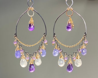 Gemstone Chandelier Earrings, Tanzanite, Amethyst Dangle Earring, Mixed Metal Earring, Handmade Bohemian Jewelry, Beaded Statement Earring