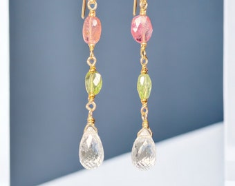 Pink Tourmaline Peridot Dangle Earrings, Gold Fill Earrings, Pink Green Gemstone Earrings, Crystal Quartz Drop Earrings, Gift for Her