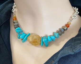 Turquoise Chunky Necklace, Summer Beaded Necklace, Citrine Nugget Choker, Natural Gemstone Necklace