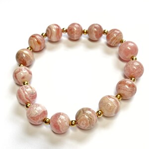 Rhodochrosite Gemstone Stretch Bracelet: Pink & Gold Filled, Handmade