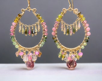 Pink Tourmaline Earrings, Gemstone Chandelier Earrings, Gold Fill Bohemian Earrings, Statement Earrings, Spring Jewelry