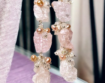 Pink Aquamarine Dangle Earrings, Long Beaded Earring, Raw Gem Earring, Moonstone Pearl Cluster Earring, Morganite Jewelry