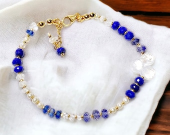 Pearl and Gem Coastal Chic Bracelet, Multi Gemstone Bracelet, Blue White Bracelet, Lapis Moonstone Bracelet, Hand Knotted Bracelet