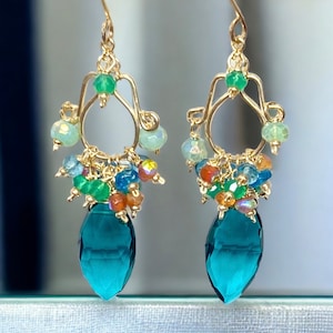 Gemstone Chandelier Earrings: Gold Fill, Teal Quartz & Multicolor Gems