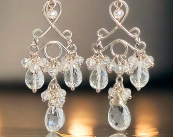 Chandelier Earrings, Crystal Quartz Dangle Earrings, Sterling Silver Gemstone Earrings, Handmade Bridal Jewelry