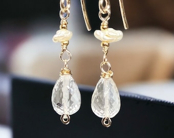 Crystal Clear Quartz Earrings, Dainty Dangle Earrings, Pearl Gemstone Earring, Elegant Beaded Jewelry, Gift for Her, Gold, Rose Gold, Silver