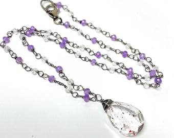 Wire Wrapped Necklace Amethyst, Lepidocrocite Pendant Dangle Necklace, Lavender Black Crystal Gemstone Beaded Necklace