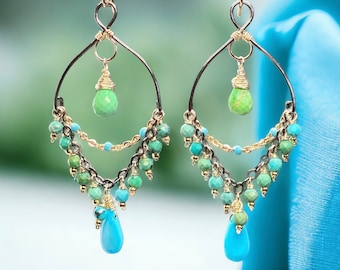 Turquoise Chandelier Earring, Gemstone Dangle Earrings, Mixed Metal Earring, Handmade Bohemian Boho Jewelry