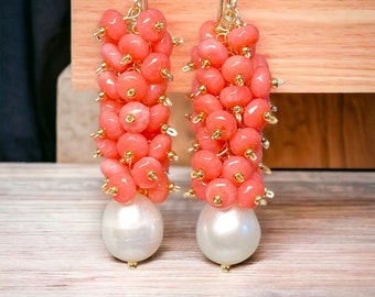 Pearl Coral Cluster Earrings, Summer Wedding Jewelry, Cascade Waterfall Earrings, Mother of the Bride Earrings, Mothers Day Gift for Mom