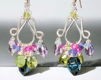 London Blue Topaz Earrings, Multicolor Gemstone Earrings, Handmade Chandelier Earrings, Mothers Day Jewelry Gift for Women
