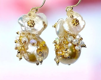 Baroque Pearl Cluster Earrings, Gold White Pearls with Keishi Pearls, Opals and Sapphires, Wedding Earrings