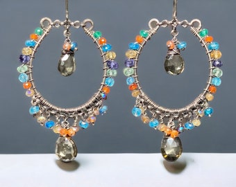 Multi Gemstone Earrings, Boho Chandelier Earrings, Statement Large Earrings, Beaded Bohemian Jewelry, Oxidized Silver Hoop Earrings