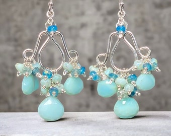 Gemstone Chandelier Earrings, Blue Peru Opal Earrings, Summer Statement Earring, Sterling Silver Handmade Jewelry, Gift for Women