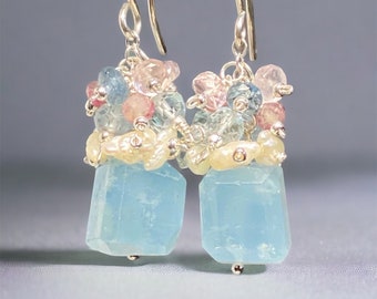 Aquamarine Dangle Earrings, Pink, Yellow, Blue Gem Earrings, Morganite Cluster Earring, March Birthstone Jewelry Gift for Her