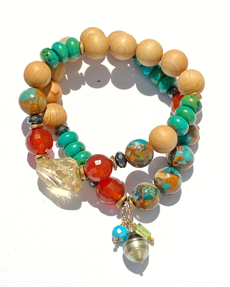 Stretchy Beaded Bracelet Set 2 Boho Jewelry Multicolor Gemstone Bracelets Tahitian Pearl Sandalwood Carnelian Turquoise Wife Gift for Mom