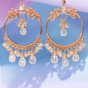 Rose Gold Filled Hoop Chandelier Earrings: Moonstone & Herkimer Quartz