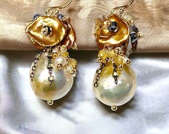 Baroque Pearl Cluster Earrings, Gold Pond Slime Pearls with Keishi Pearls and Yellow Sapphires, Black and Gold Earrings, Black Tie Jewelry