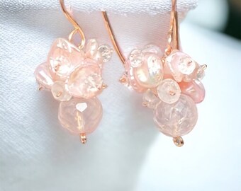 Dainty Pink Earrings, Rose Quartz Earrings, Rose Gold Earrings, Blush Pearl Cluster Earring, Summer Bridesmaid Earrings