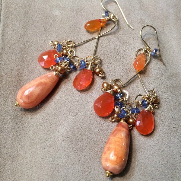 Gold Chandelier Earrings for Women, Carnelian Earrings, Orange Multicolor Wire Wrap Boho Chic Earrings Fire Agate Kyanite Doolittle Jewelry