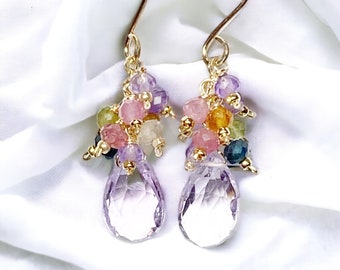 Lavender Dangle Earrings, Tourmaline Cluster Earrings, Pink Amethyst Earring, Multicolor Drop Earring, Mothers Day Gift for Her