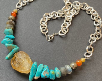 Turquoise Chunky Necklace, Summer Beaded Necklace, Citrine Nugget Choker, Natural Gemstone Necklace