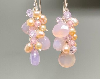 Lavender and Pink Earrings, Chalcedony Amethyst Dangle Earrings, Mothers Day Gift for Mom, Pearl and Gem Cascade Earrings